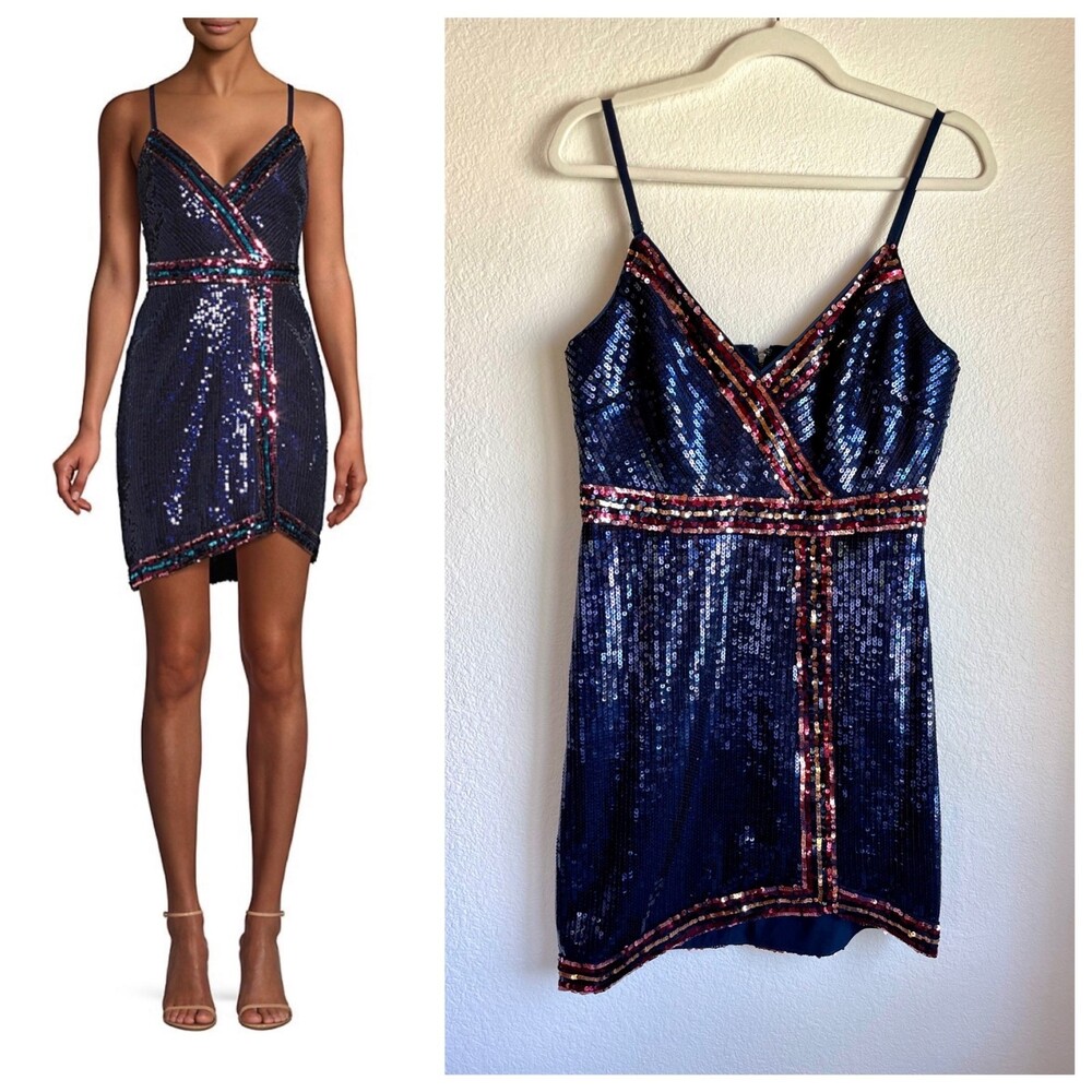 NWT BCBGMaxazria Sequin Stripe V-Neck Wrap Mini Dress in Dark Navy & Pink Size 8